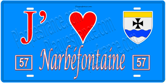 Plaque métal décorative, J'❤️ Narbéfontaine, Moselle, fond mur bleu 57