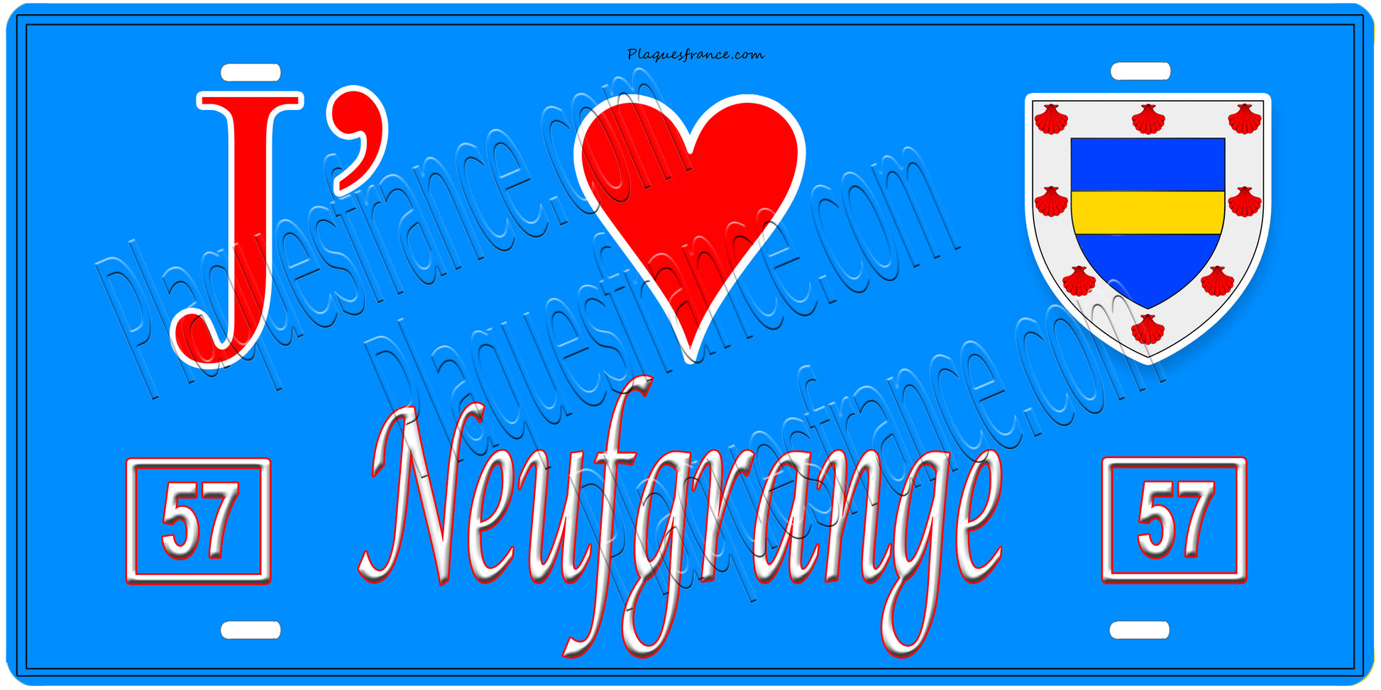 Plaque métal décorative, J'❤️Neufgrange, Moselle, fond mur bleu 57