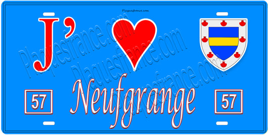 Plaque métal décorative, J'❤️Neufgrange, Moselle, fond mur bleu 57