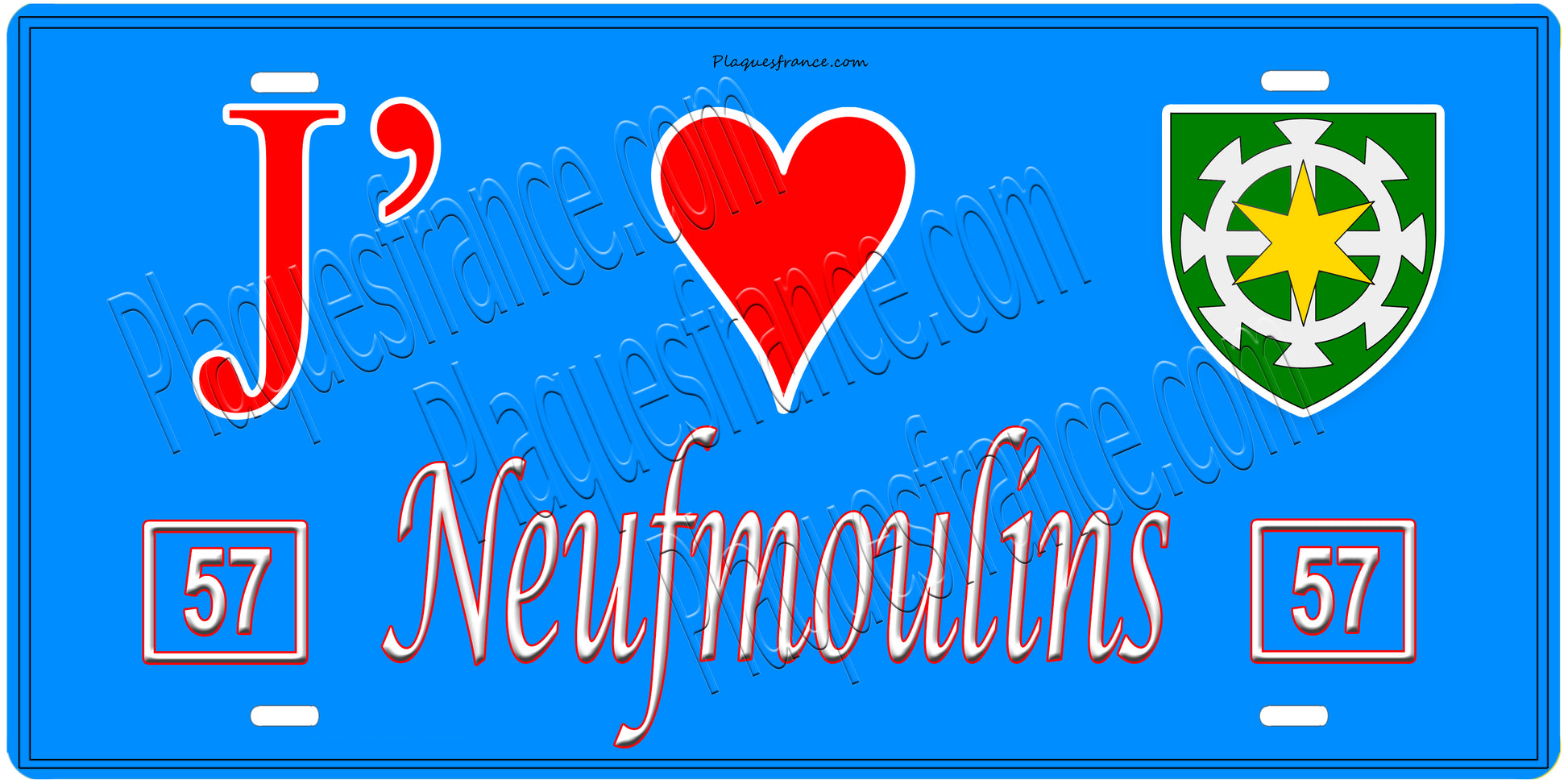 Plaque métal décorative, J'❤️Neufmoulins, Moselle, fond mur bleu 57