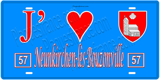 Plaque métal décorative, J'❤️ Neunkirchen-lès-Bouzonville , Moselle, fond mur bleu 57