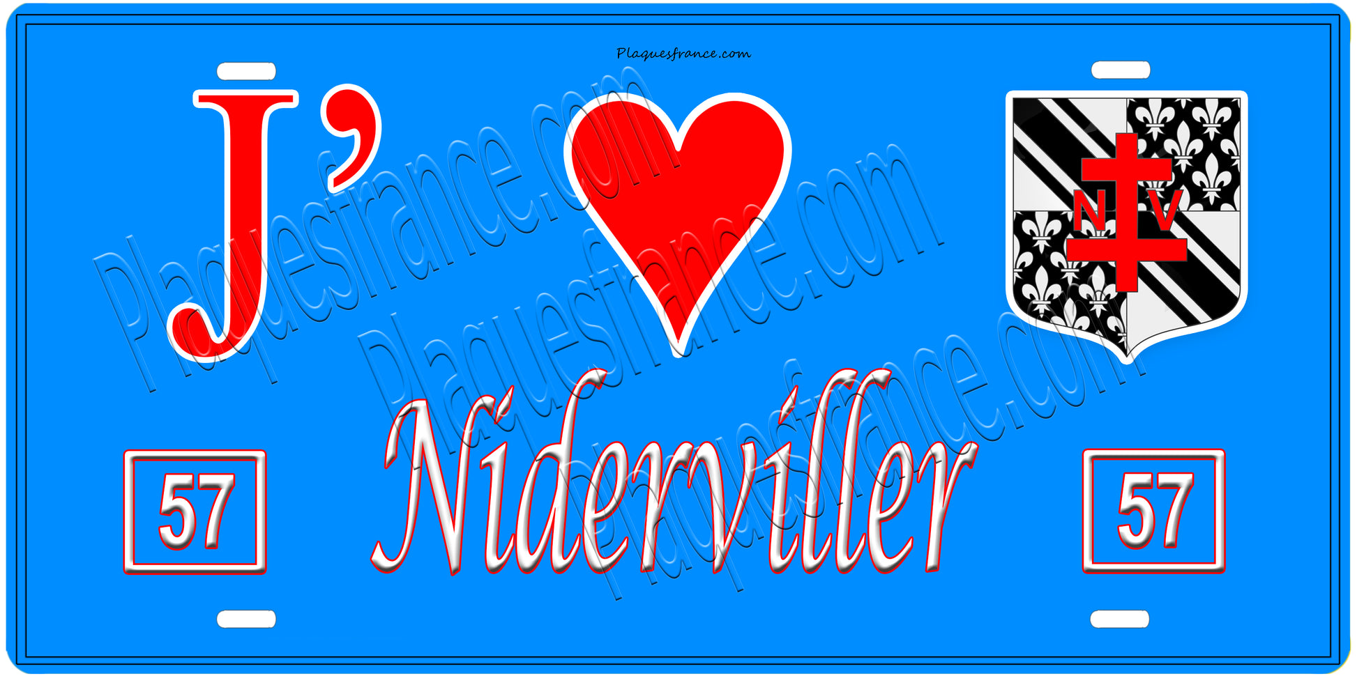 Plaque métal décorative, J'❤️Niderviller, Moselle, fond mur bleu 57