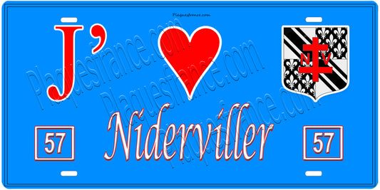 Plaque métal décorative, J'❤️Niderviller, Moselle, fond mur bleu 57