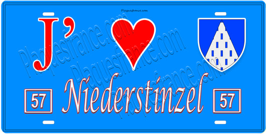 Plaque métal décorative, J'❤️Niederstinzel, Moselle, fond mur bleu 57
