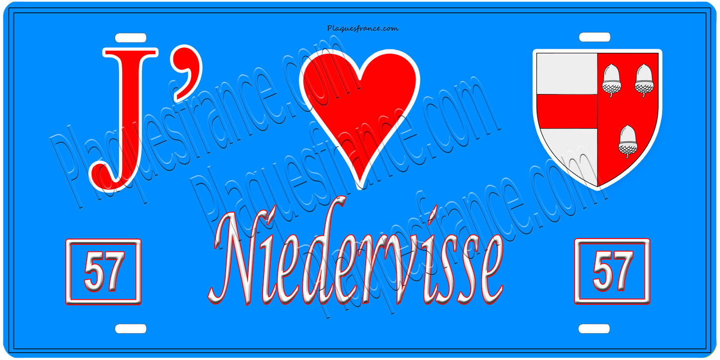 Plaque métal décorative, J'❤️ Niedervisse, Moselle, fond mur bleu 57