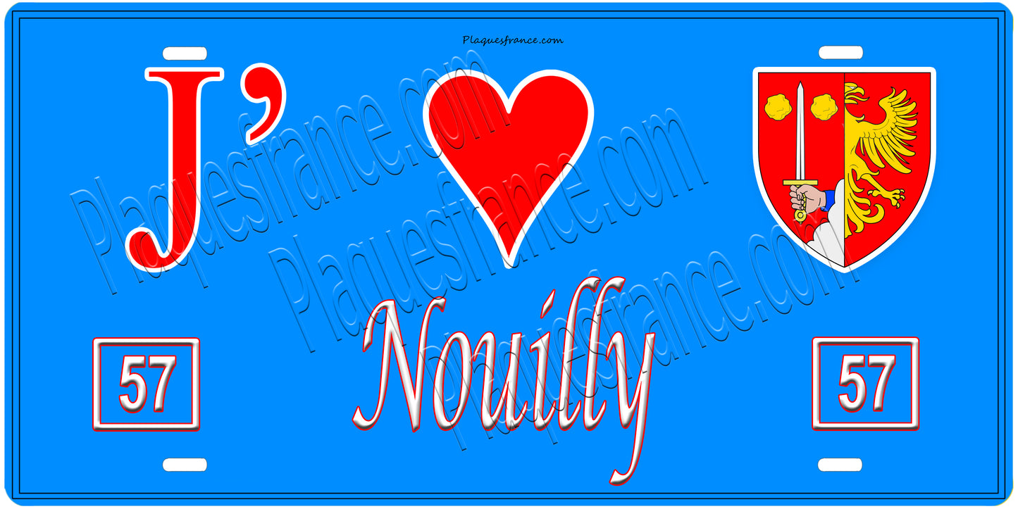 Plaque métal décorative, J'❤️Nouilly, Moselle, fond mur bleu 57
