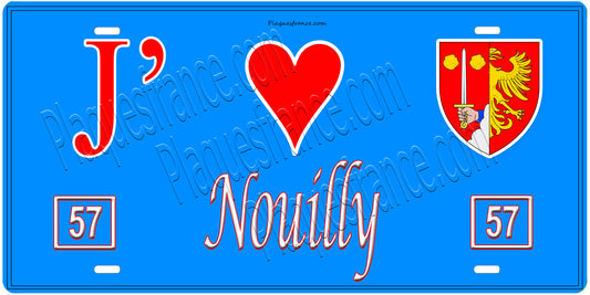 Plaque métal décorative, J'❤️Nouilly, Moselle, fond mur bleu 57