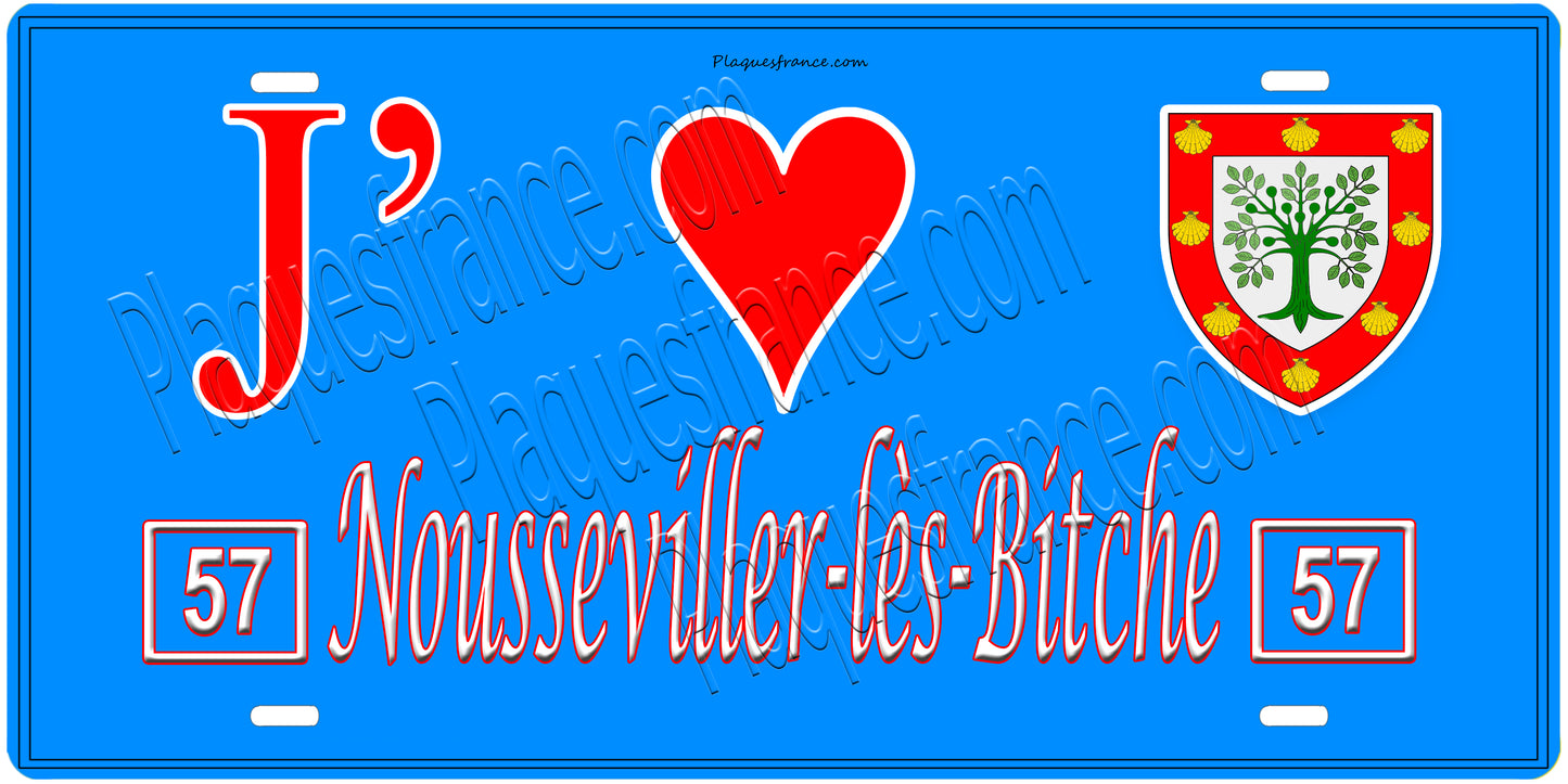 Plaque métal décorative, J'❤️ Nousseviller-lès-Bitche, Moselle, fond mur bleu 57