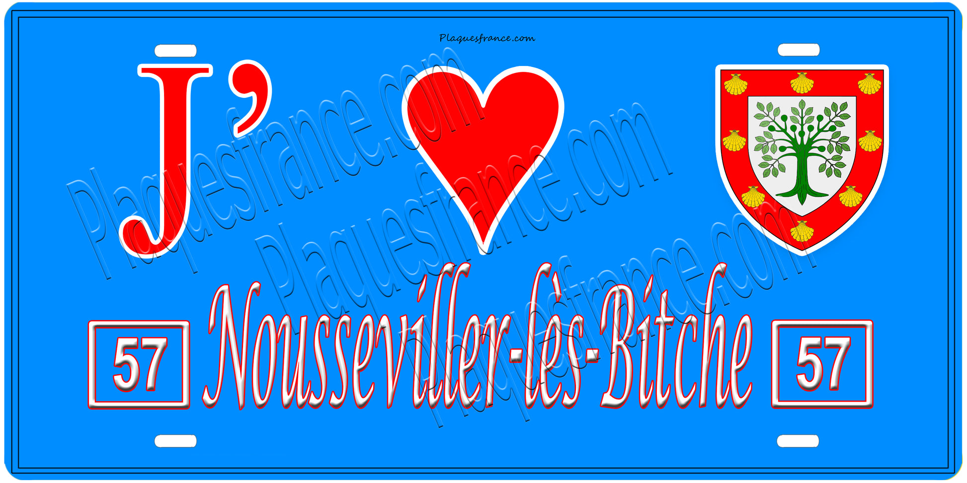Plaque métal décorative, J'❤️ Nousseviller-lès-Bitche, Moselle, fond mur bleu 57