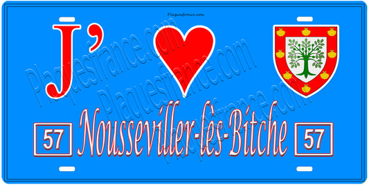 Plaque métal décorative, J'❤️ Nousseviller-lès-Bitche, Moselle, fond mur bleu 57