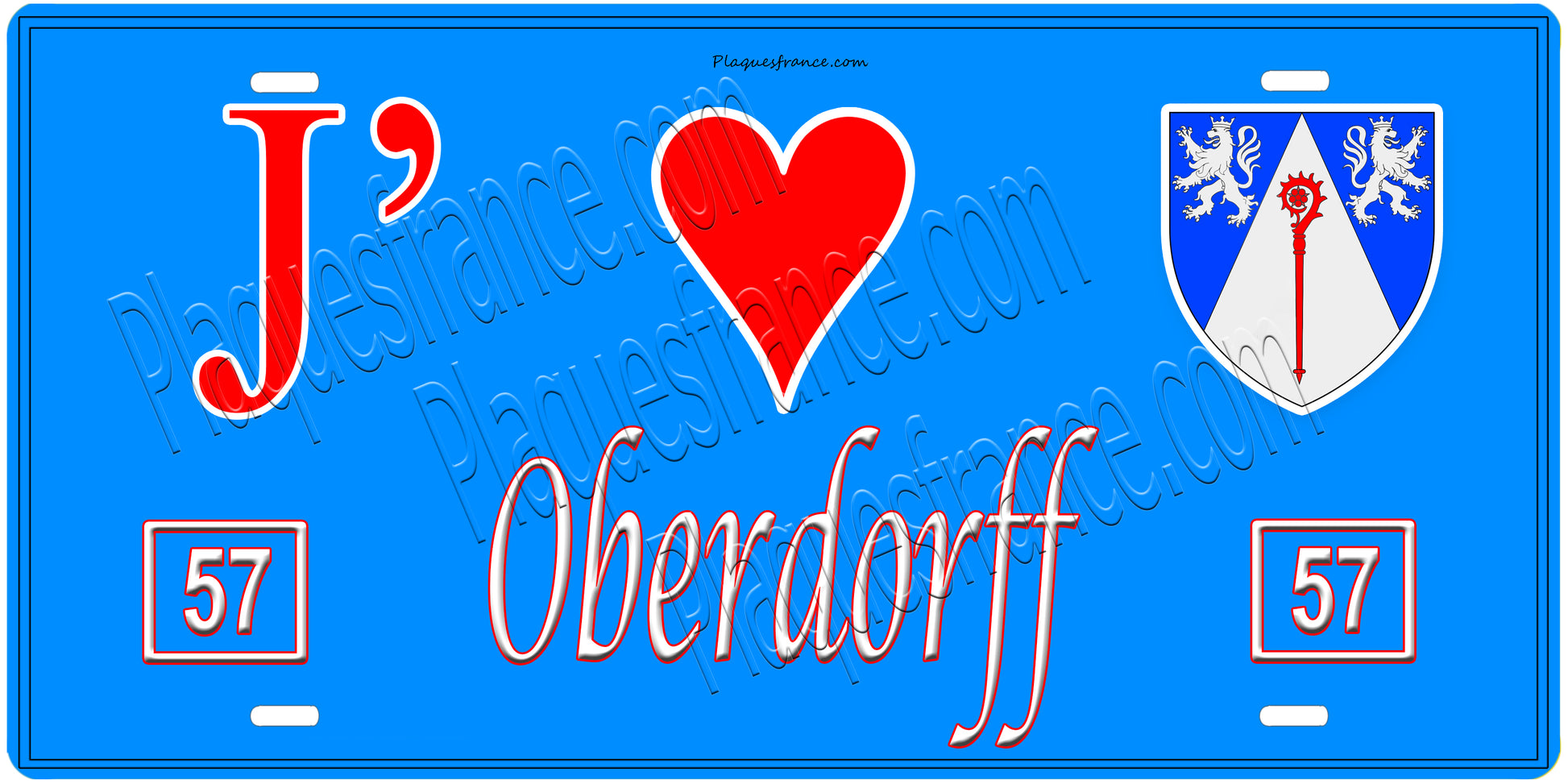 Plaque métal décorative, J'❤️ Oberdorff , Moselle, fond mur bleu 57