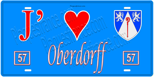 Plaque métal décorative, J'❤️ Oberdorff , Moselle, fond mur bleu 57