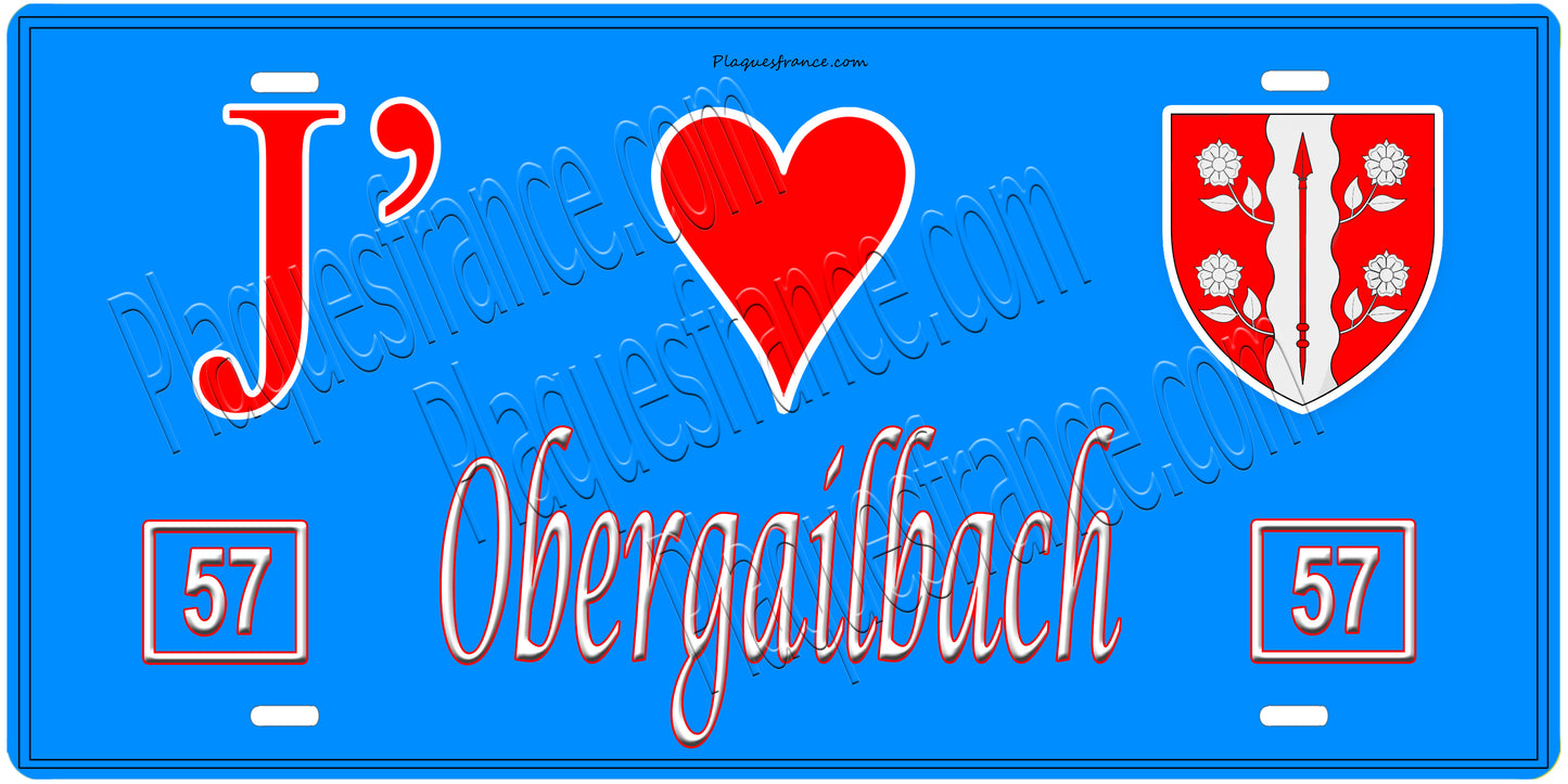Plaque métal décorative, J'❤️ Obergailbach, Moselle, fond mur bleu 57