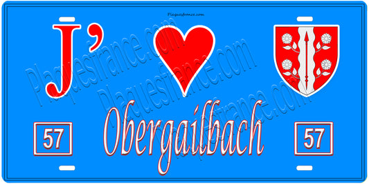 Plaque métal décorative, J'❤️ Obergailbach, Moselle, fond mur bleu 57