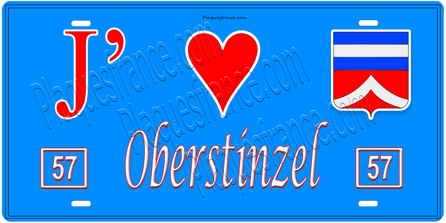 Plaque métal décorative, J'❤️Oberstinzel, Moselle, fond mur bleu 57