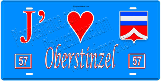 Plaque métal décorative, J'❤️Oberstinzel, Moselle, fond mur bleu 57