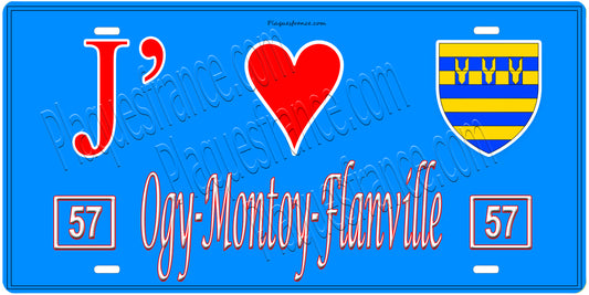 Plaque métal décorative, J'❤️Ogy-Montoy-Flanville, Moselle, fond mur bleu 57