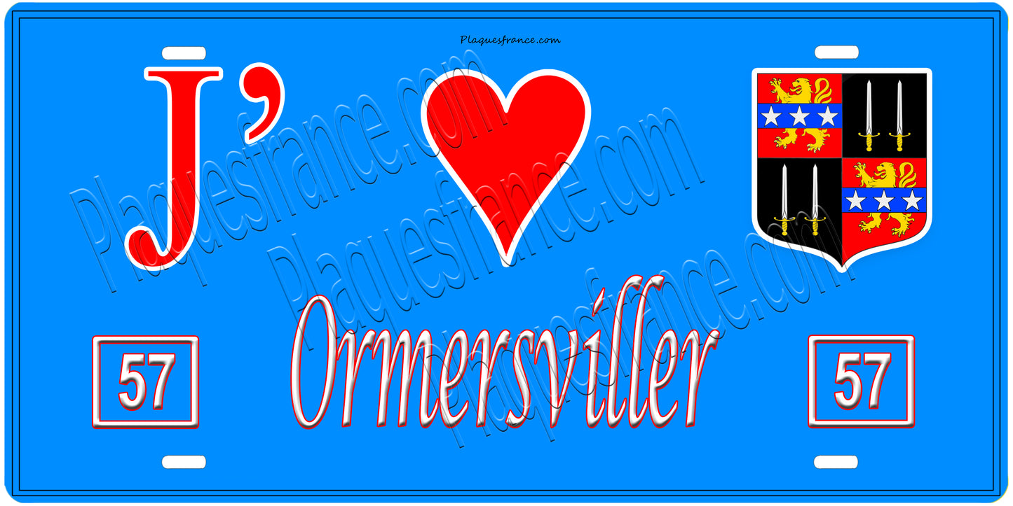 Plaque métal décorative, J'❤️ Ormersviller, Moselle, fond mur bleu 57