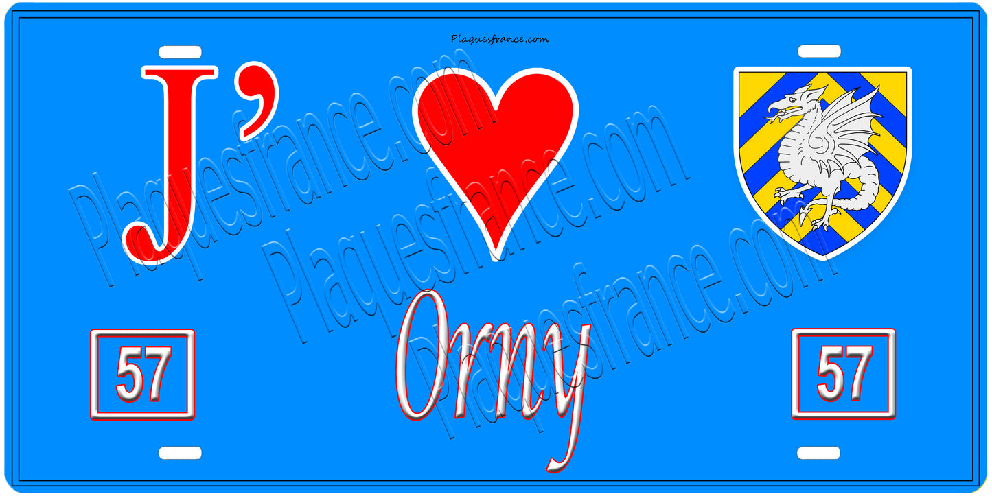 Plaque métal décorative, J'❤️Orny, Moselle, fond mur bleu 57