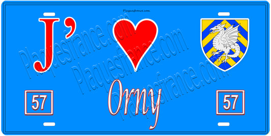 Plaque métal décorative, J'❤️Orny, Moselle, fond mur bleu 57