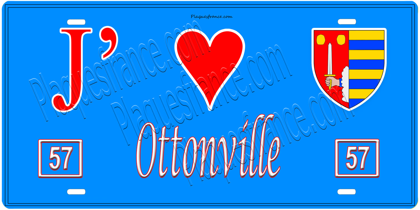 Plaque métal décorative, J'❤️ Ottonville, Moselle, fond mur bleu 57