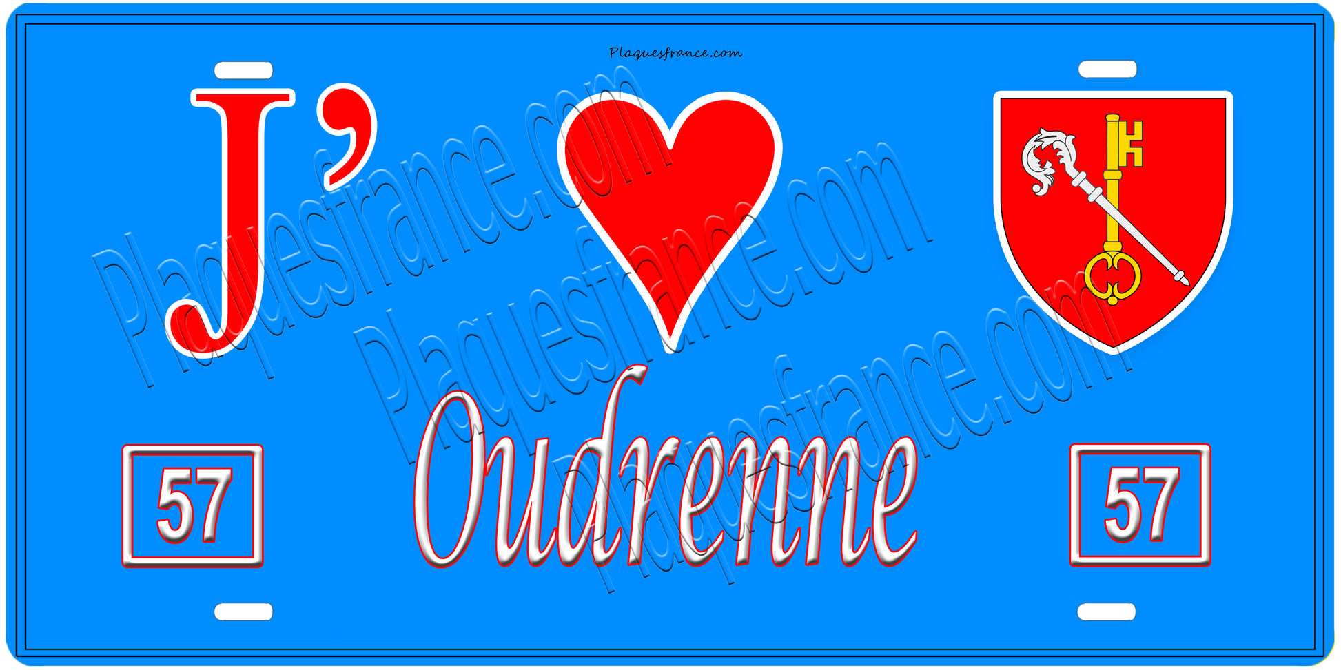 Plaque métal décorative, J'❤️Oudrenne, Moselle, fond mur bleu 57