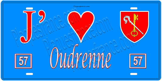 Plaque métal décorative, J'❤️Oudrenne, Moselle, fond mur bleu 57