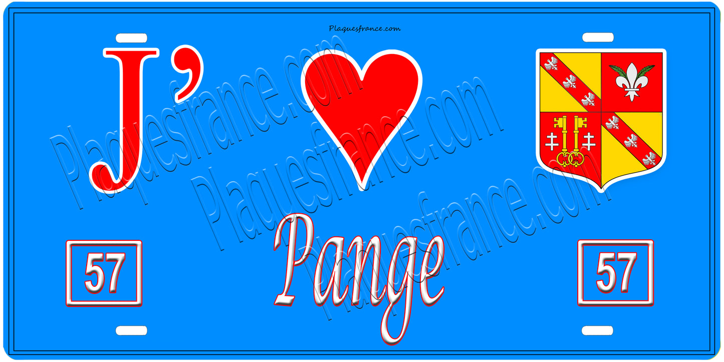 Plaque métal décorative, J'❤️Pange, Moselle, fond mur bleu 57