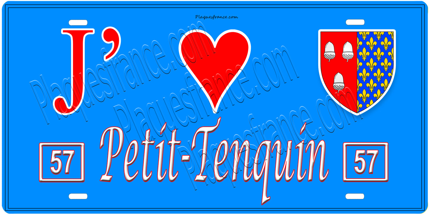Plaque métal décorative, J'❤️Petit-Tenquin, Moselle, fond mur bleu 57