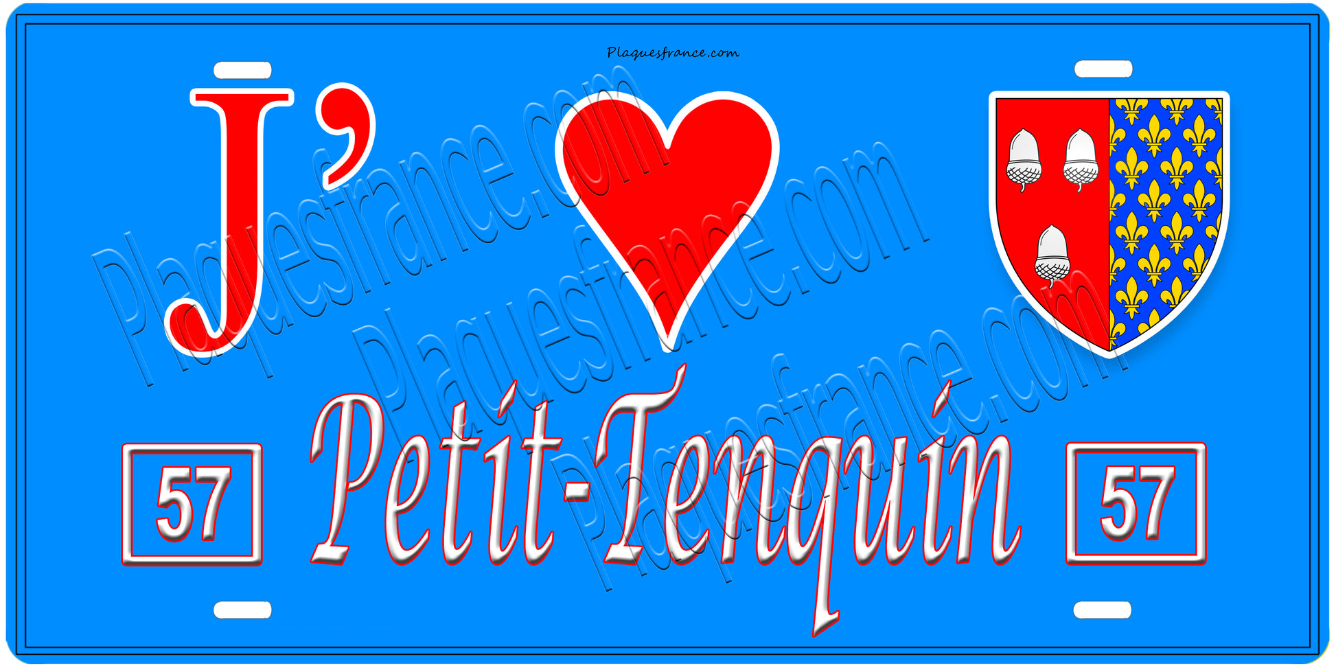 Plaque métal décorative, J'❤️Petit-Tenquin, Moselle, fond mur bleu 57