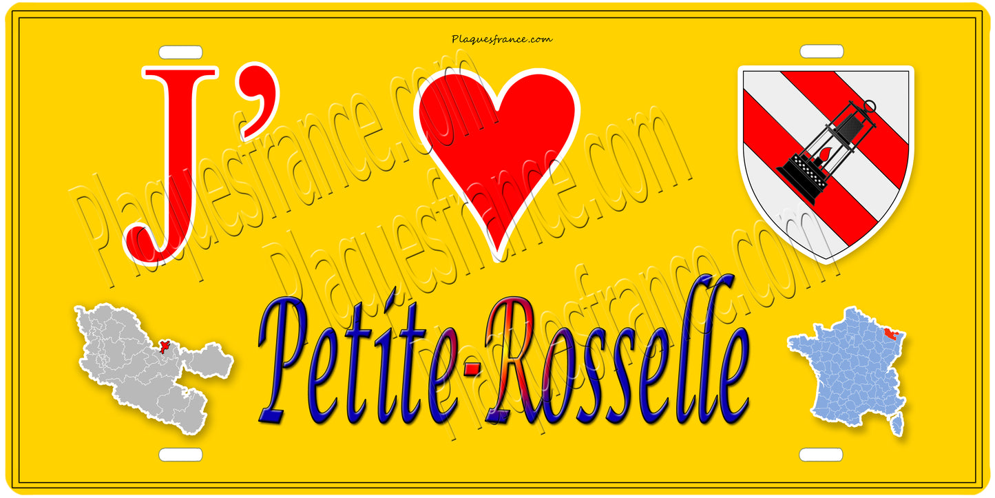 Plaque métal décorative 15 x 30 cm fond mur jaune carte J' ❤️ Petite-Rosselle, canton Forbach Moselle 57