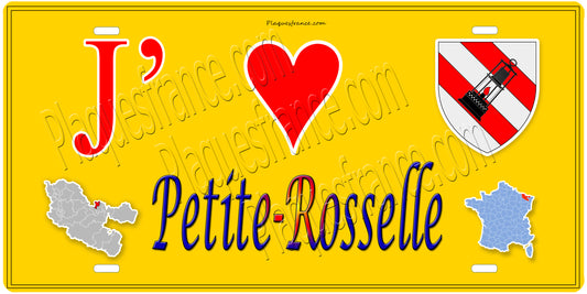 Plaque métal décorative 15 x 30 cm fond mur jaune carte J' ❤️ Petite-Rosselle, canton Forbach Moselle 57