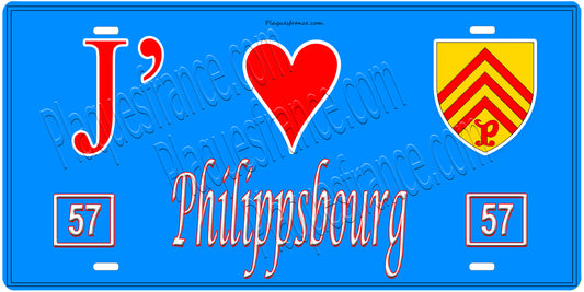 Plaque métal décorative, J'❤️ Philippsbourg, Moselle, fond mur bleu 57