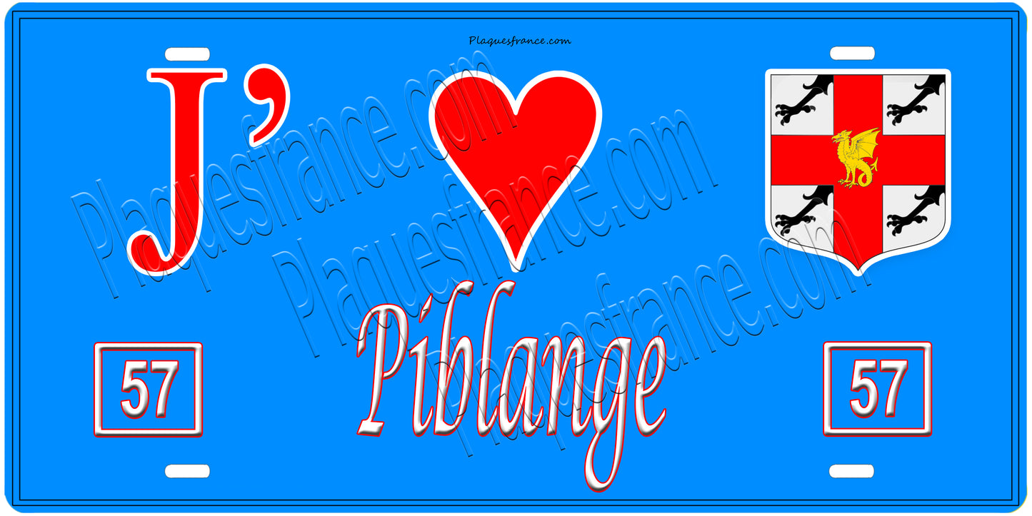 Plaque métal décorative, J'❤️ Piblange, Moselle, fond mur bleu 57