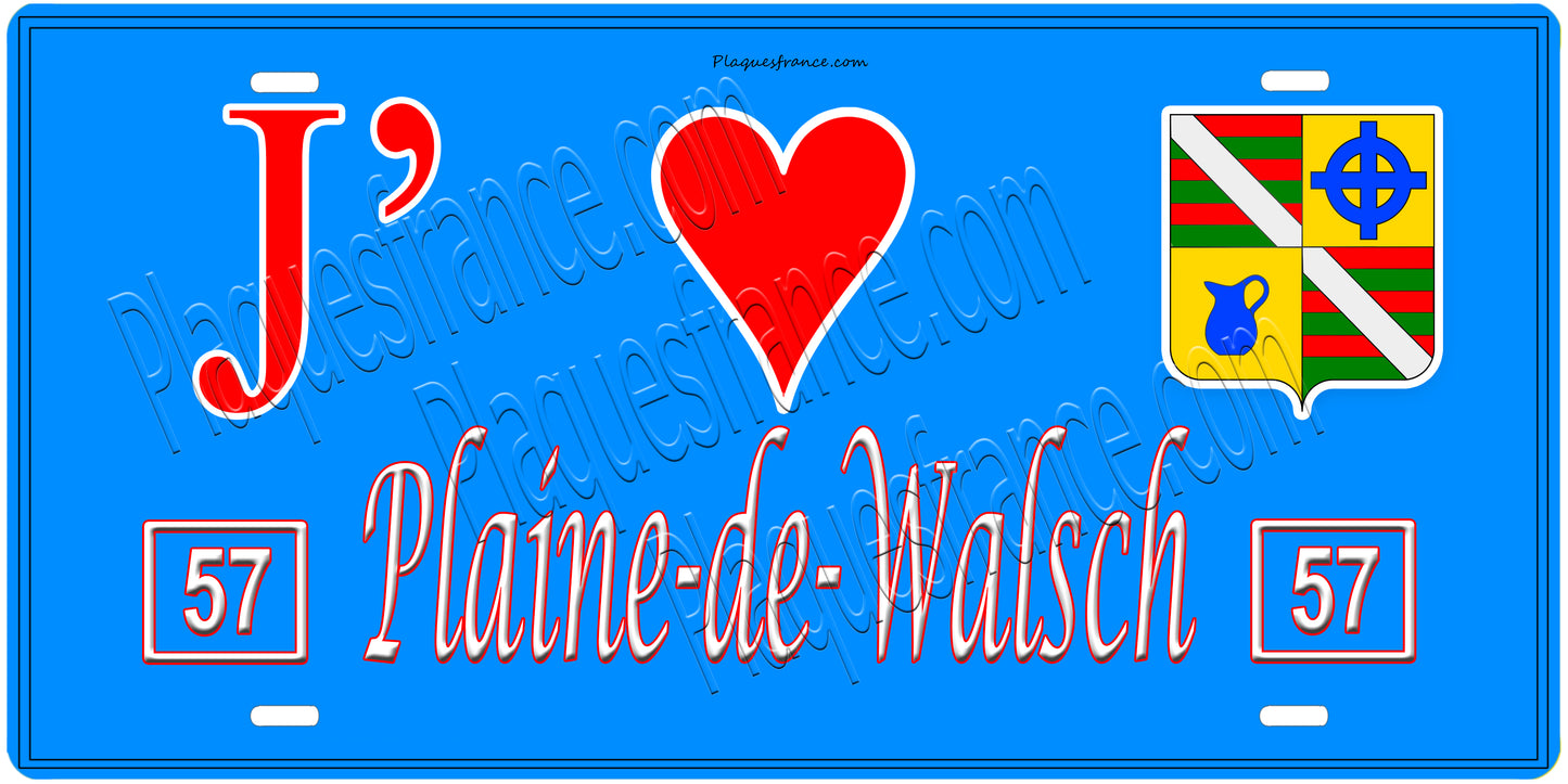 Plaque métal décorative, J'❤️Plaine-de-Walsch, Moselle, fond mur bleu 57
