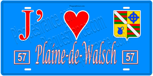 Plaque métal décorative, J'❤️Plaine-de-Walsch, Moselle, fond mur bleu 57