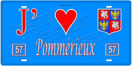 Plaque métal décorative, J'❤️Pommérieux, Moselle, fond mur bleu 57