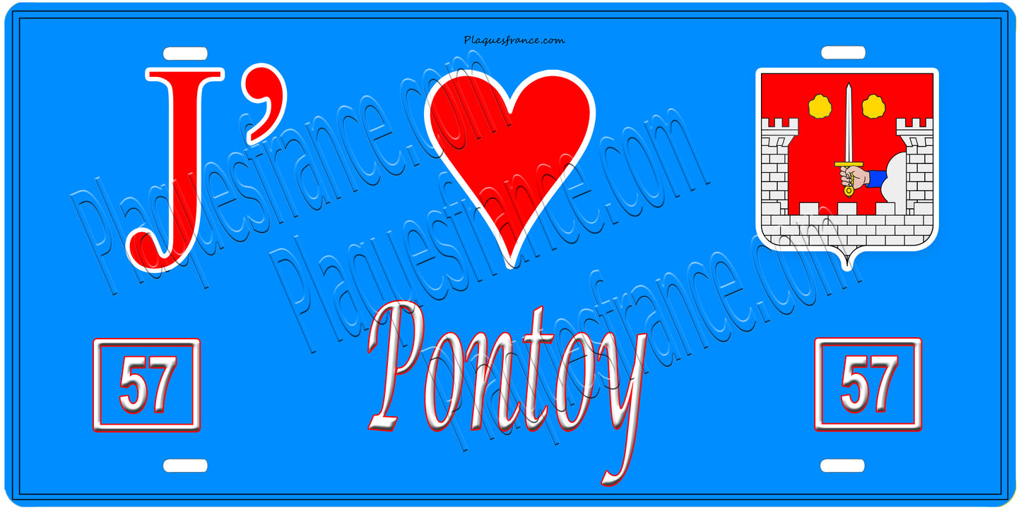 Plaque métal décorative, J'❤️Pontoy, Moselle, fond mur bleu 57