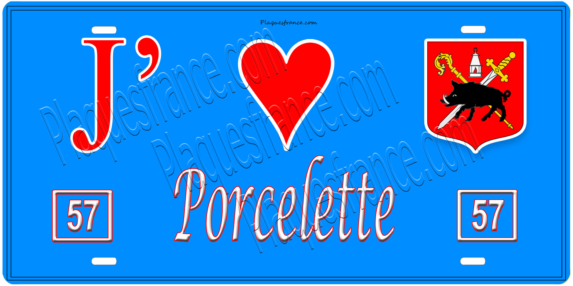 Plaque métal décorative, J'❤️Porcelette, Moselle, fond mur bleu 57