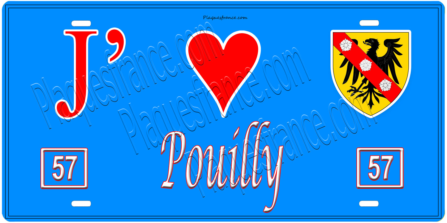 Plaque métal décorative, J'❤️ Pouilly, Moselle, fond mur bleu 57