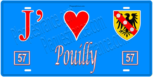 Plaque métal décorative, J'❤️ Pouilly, Moselle, fond mur bleu 57