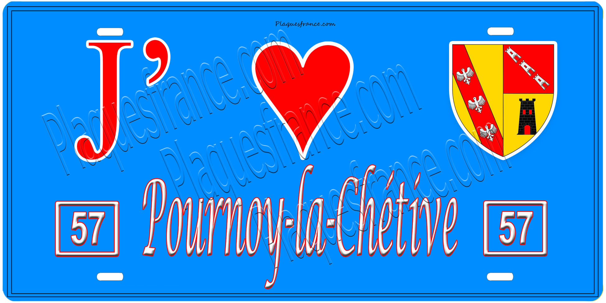Plaque métal décorative, J'❤️ Pournoy-la-Chétive, Moselle, fond mur bleu 57