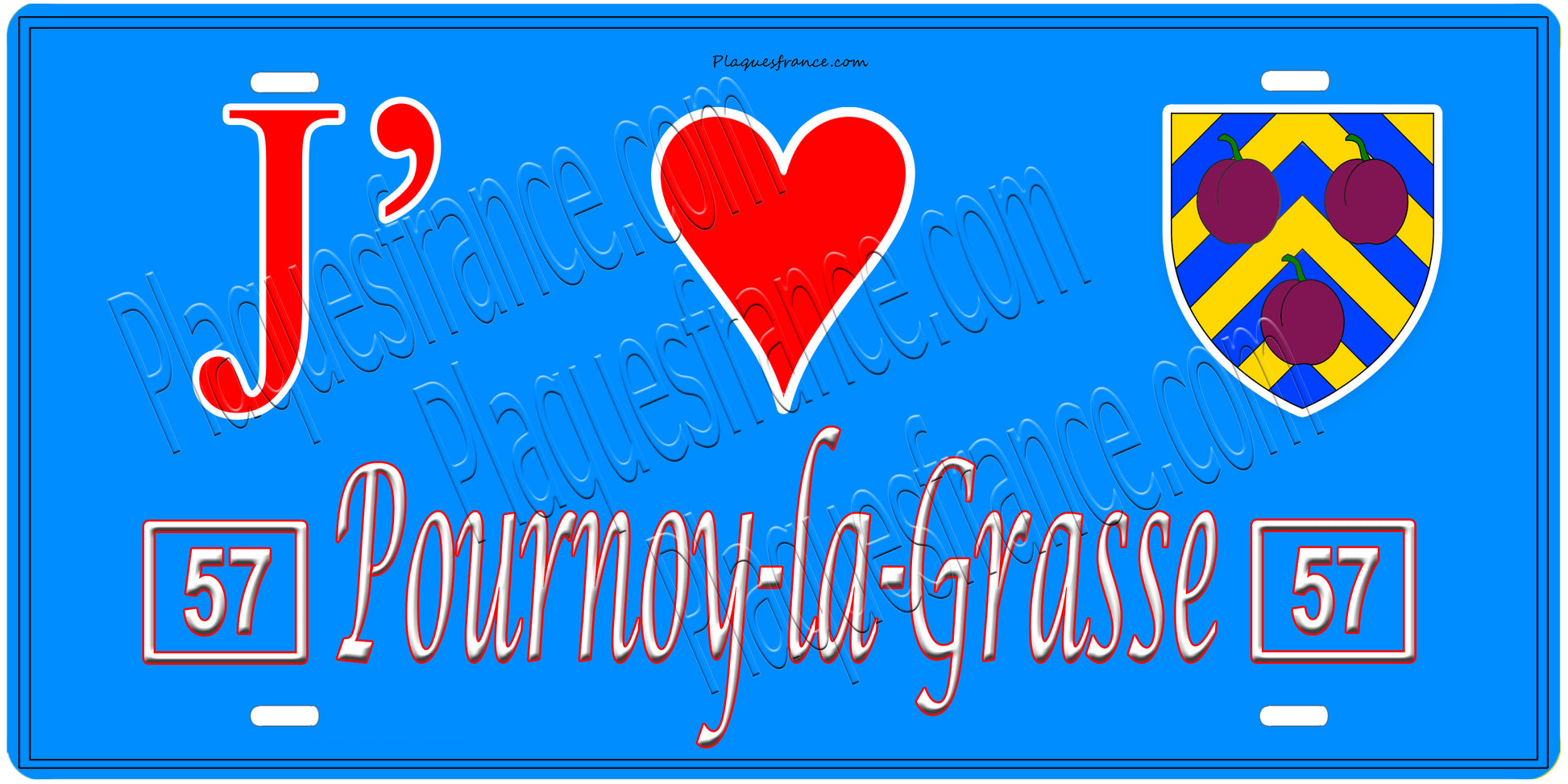 Plaque métal décorative, J'❤️ Pournoy-la-Grasse , Moselle, fond mur bleu 57