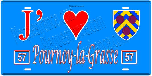 Plaque métal décorative, J'❤️ Pournoy-la-Grasse , Moselle, fond mur bleu 57