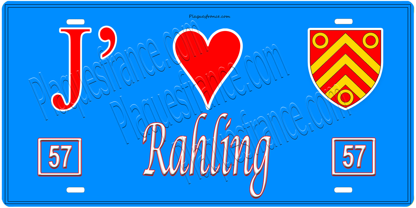 Plaque métal décorative, J'❤️ Rahling, Moselle, fond mur bleu 57
