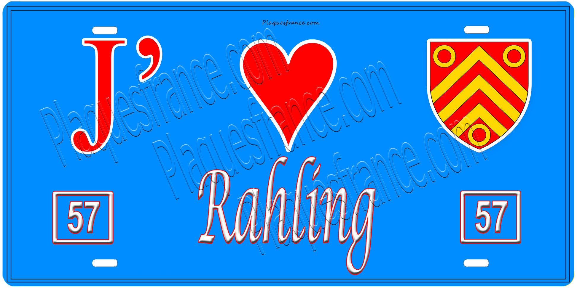 Plaque métal décorative, J'❤️ Rahling, Moselle, fond mur bleu 57