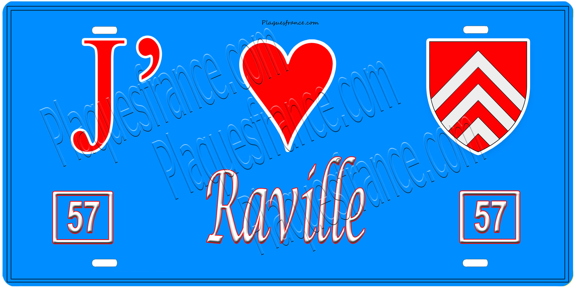 Plaque métal décorative, J'❤️Raville, Moselle, fond mur bleu 57