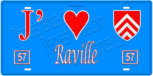Plaque métal décorative, J'❤️Raville, Moselle, fond mur bleu 57