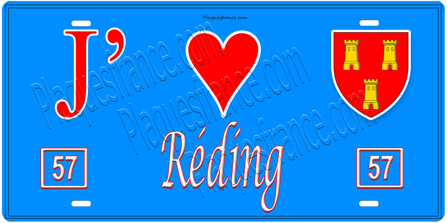 Plaque métal décorative, J'❤️Réding, Moselle, fond mur bleu 57