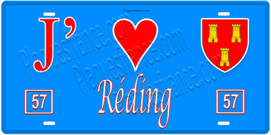 Plaque métal décorative, J'❤️Réding, Moselle, fond mur bleu 57
